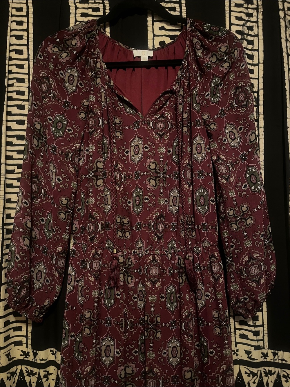 Long-Sleeve Burgundy Paisley V-Neck Dress